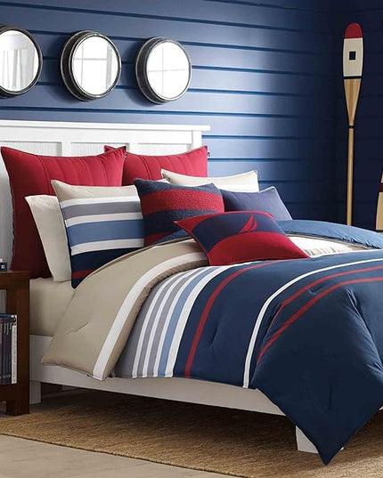 Nautica - Queen Comforter Set, Cotton Reversible Bedding with Matching Shams, Stylish Home Decor (Bradford Navy/Kahki, Queen) - LeafyLoom