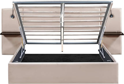 Queen Size Storage Upholstered Hydraulic Platform Shelves, Modern Velvet Fabric Bed Frame W/ 2 Lights and USB Port,No Box Spring Required,for Bedroom, Apartment,Beige - LeafyLoom