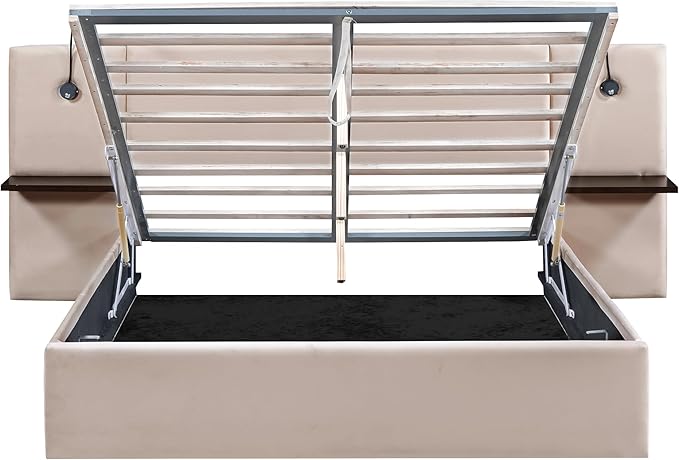 Queen Size Storage Upholstered Hydraulic Platform Shelves, Modern Velvet Fabric Bed Frame W/ 2 Lights and USB Port,No Box Spring Required,for Bedroom, Apartment,Beige - LeafyLoom