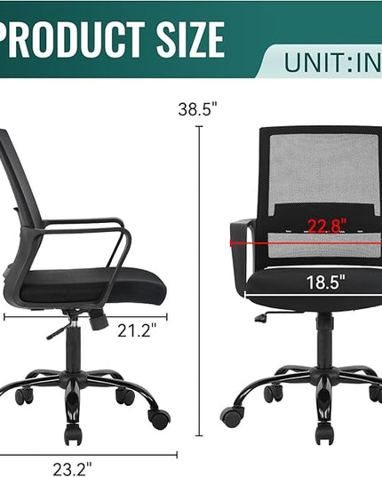 Home Office Chair Ergonomic Desk Chair Swivel Rolling Computer Chair Executive Lumbar Support Task Mesh Chair Adjustable Stool for Women Men (Black) - LeafyLoom