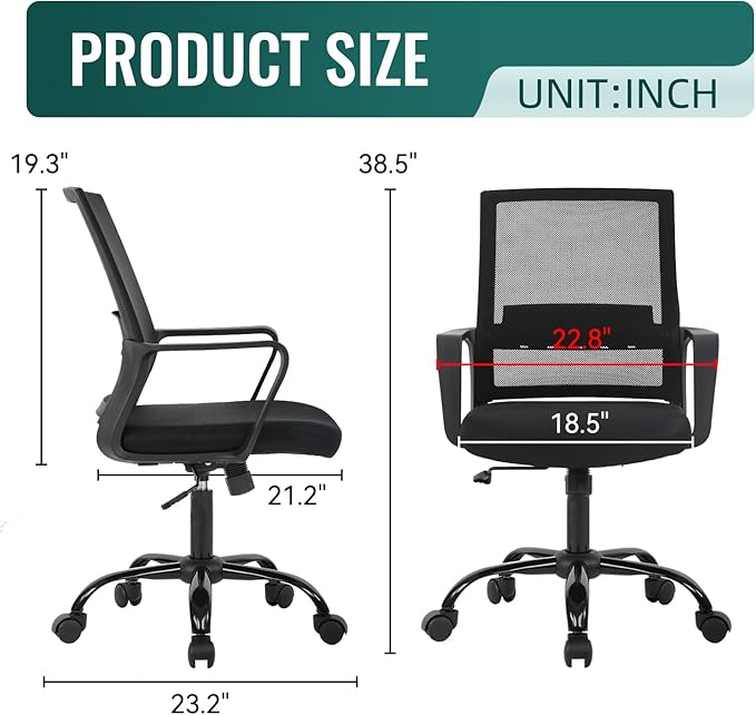 Home Office Chair Ergonomic Desk Chair Swivel Rolling Computer Chair Executive Lumbar Support Task Mesh Chair Adjustable Stool for Women Men (Black) - LeafyLoom