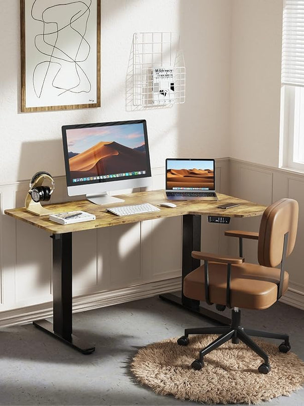 Electric Standing Desk, Height Adjustable Sit Stand up Desk, L-Shaped Memory Home Office Desk With Hook, 55 x 34 inch, Rustic - LeafyLoom