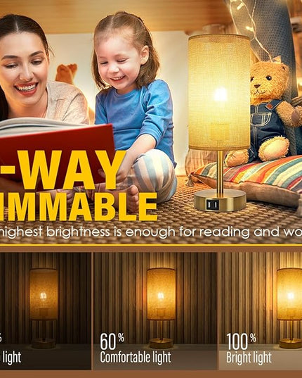 Yarra-Decor Bedside Lamp with USB Port - Touch Control Table Lamp for Bedroom Wood 3 Way Dimmable Nightstand Lamp with Round Flaxen Fabric Shade for Home Office (LED Bulb Included) (Y - NET) - LeafyLoom
