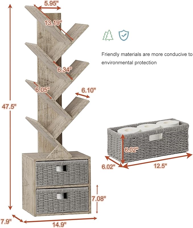 Vagusicc 6 Tier Tree Bookshelf, Modern Floor Standing Bookcase with Storage Drawer, Space Saving Storage Organizer Book Shelves for Books, Tall Wood Storage Rack for Bedroom/Living Room/Home Office - LeafyLoom