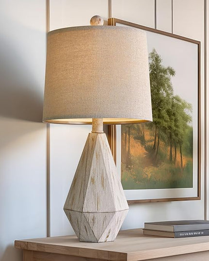PoKat 20.25" Farmhouse Table Lamp for Nightstand, Vintage Bedside Lamps, Rustic Small Lamp, Modern Side Table Lamp for Living Bed Room Home with Linen Lampshade, White - LeafyLoom