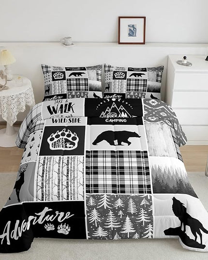 Deer Bear Comforter Set Queen Size,Pine Trees Christmas Bedding Set for Kids Boys Girls Adults Room Decor,Camping Adventure Rustic Farmhouse Down Comforter,Black Retro Duvet Insert,2 Pillowcases - LeafyLoom