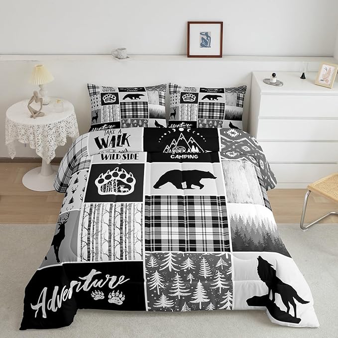 Deer Bear Comforter Set Queen Size,Pine Trees Christmas Bedding Set for Kids Boys Girls Adults Room Decor,Camping Adventure Rustic Farmhouse Down Comforter,Black Retro Duvet Insert,2 Pillowcases - LeafyLoom