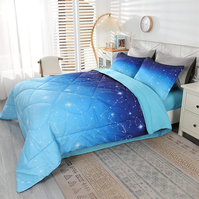 Wowelife Glitter Bedding Set Full Size 5 Pieces Galaxy Comforter Set Blue 3D Galaxy Kids Comforter Sets Lightweight with Comforter, Flat Sheet, Fitted Sheet and 2 Pillowcases - LeafyLoom