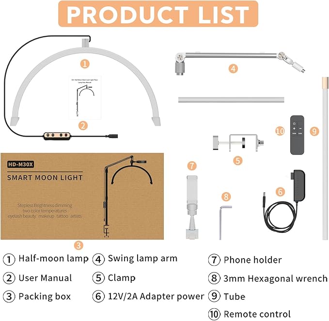 Half Moon Light for Lashes, 22'' Lash Light Lamp for Eyelash Extensions, Esthetician Light Eyelash Lamp with Phone Holder for Tattoo Artists, Nail Tech, Makeup,Skincare - LeafyLoom