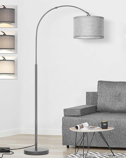 Arc Floor Lamp with Dimmer, Dimmable Floor Lamp for Living Room, Modern Standing Lamp with Gray Adjustable Hanging Shade, Tall Pole Lamp Reading Light for Bedroom, Over Couch, 9W LED Bulb Included - LeafyLoom