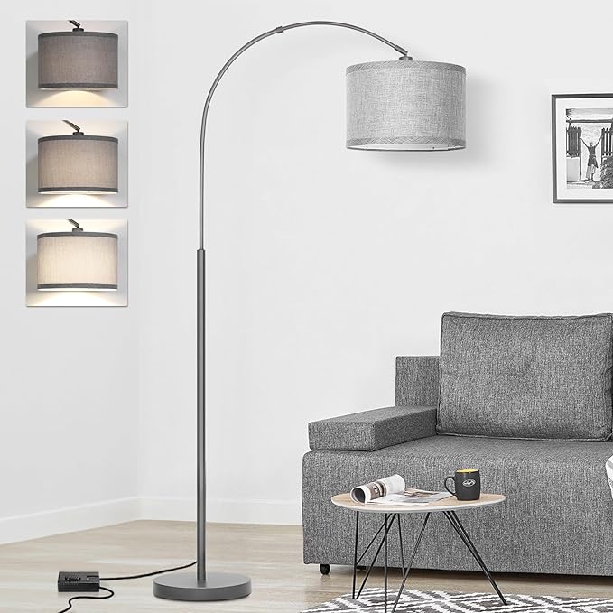 Arc Floor Lamp with Dimmer, Dimmable Floor Lamp for Living Room, Modern Standing Lamp with Gray Adjustable Hanging Shade, Tall Pole Lamp Reading Light for Bedroom, Over Couch, 9W LED Bulb Included - LeafyLoom