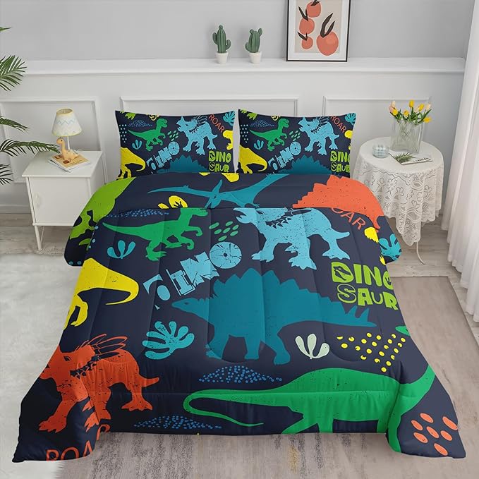 Axolotl Boys Bedding Cartoon Dinosaur Comforter Set Queen Size,Cute Dinosaur Bedding Set for Kids Boys Girls Teens Adults Room Decor,Kids Comforter Set All Season,1 Quilt 2 Pillow Cases,Purple - LeafyLoom