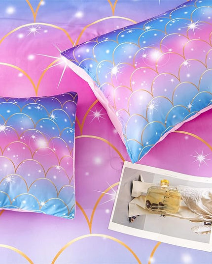 RYNGHIPY 6Pcs Teal Pink Sparkle Mermaid Comforter Sets Queen Size, 3D Rainbow Glitter Girls Bedding Sets, Ombre Pastel Fish Scale Bedding Collection Sets - LeafyLoom