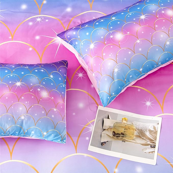 RYNGHIPY 6Pcs Teal Pink Sparkle Mermaid Comforter Sets Queen Size, 3D Rainbow Glitter Girls Bedding Sets, Ombre Pastel Fish Scale Bedding Collection Sets - LeafyLoom