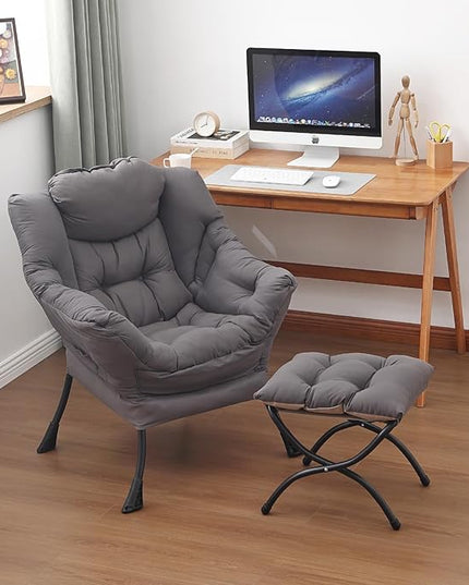 Lazy Chair and Ottoman, Large Accent Lounge Chair with Armrests and a Side Pocket, Modern Leisure Upholstered Sofa Reading Armchair with Footrest for Bedroom, Living Room, Dorm Rooms, Office - LeafyLoom