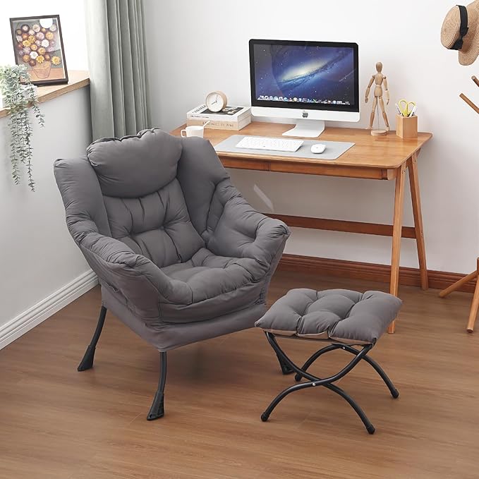 Lazy Chair and Ottoman, Large Accent Lounge Chair with Armrests and a Side Pocket, Modern Leisure Upholstered Sofa Reading Armchair with Footrest for Bedroom, Living Room, Dorm Rooms, Office - LeafyLoom