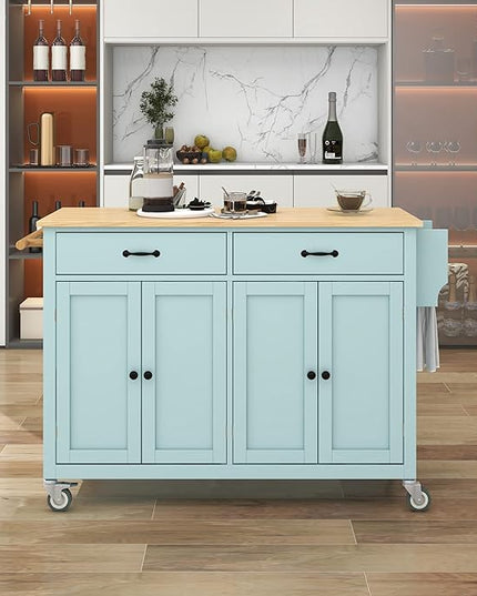 Solid Wood Top, Mobile Carts with Storage Cabinet, Rolling Kitchen Table w/Spice, Towel Rack, and Drawer, Portable Islands on Wheels, Mint Green, 54.33 Inch - LeafyLoom
