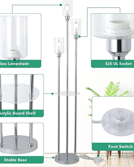 HMVPL Crystal Floor Lamps for Living Room, Modern Floor Lamp with Shelves, 3-Lights Standing Lamp with Crystal Shade, On/Off Foot Switch, Silver Corner Floor Lamp for Bedroom Living Room Office(66") - LeafyLoom