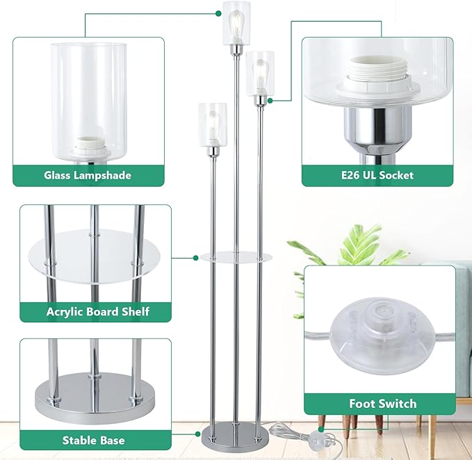 HMVPL Crystal Floor Lamps for Living Room, Modern Floor Lamp with Shelves, 3-Lights Standing Lamp with Crystal Shade, On/Off Foot Switch, Silver Corner Floor Lamp for Bedroom Living Room Office(66") - LeafyLoom