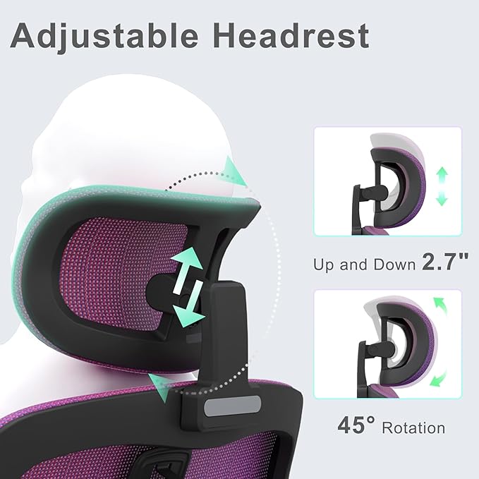 Ergonomic Mesh Office Chair, Gradient Purple Desk Chair with 3D Armrests, Adaptive Thoracic Support, 3D Lumbar Support & Adjustable Headrest, high Back Home Swivel Computer Chair with Tilt Function - LeafyLoom