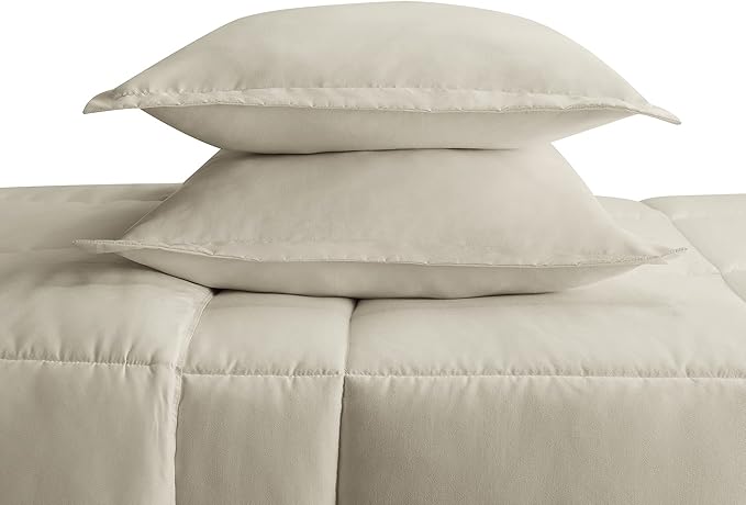 SERTA Simply Clean Ultra Soft Hypoallergenic Solid 3 Piece Comforter Set, King, Khaki - LeafyLoom