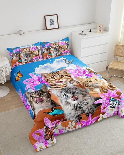Kids Cute Cat Bedding Set Cartoon Pet Cats Kittens Comforter Set Cat Lovers Animal Themed Comforter for Boys Girls Purple Floral Butterflies Print Down Alternative Comforter Room Decor Twin Size - LeafyLoom
