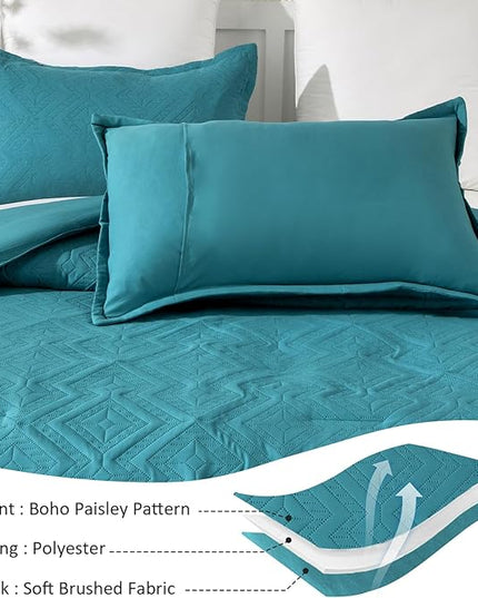 WONGS BEDDING Teal Comforter Set Queen Size(90“×90”), Boho Geometric Textured Bedding Comforter Sets - 3 Pieces Reversible Soft Microfiber Ultrasonic Bedding with 2 Pillowcases - LeafyLoom