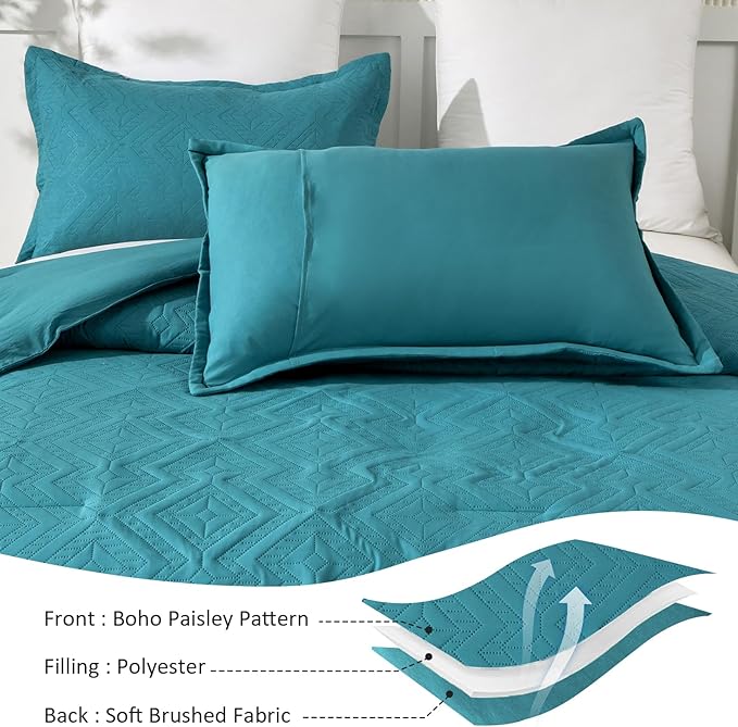 WONGS BEDDING Teal Comforter Set Queen Size(90“×90”), Boho Geometric Textured Bedding Comforter Sets - 3 Pieces Reversible Soft Microfiber Ultrasonic Bedding with 2 Pillowcases - LeafyLoom
