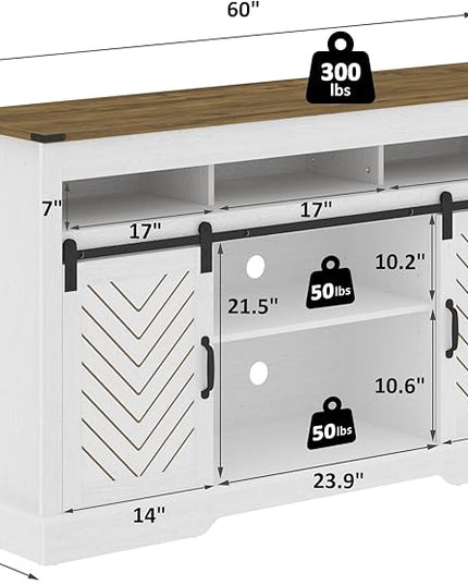 Farmhouse Stand for TVs up to 65+ Inch Tall Entertainment Center with Sliding Barn Door, Console Storage Cabinet for Bedroom, Living Room, Wood Grain White - LeafyLoom
