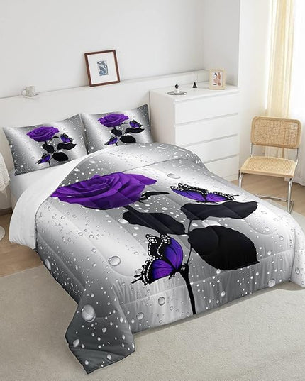 3D Rose Comforter Set Rose Floral Print Bedding Set Romantic Flowers Comforter for Kids Boys Girls Children Teens Bedroom Decor Purple Rose Butterfly Duvet Set Full Size Quilt Set with 2 Pillow Case - LeafyLoom