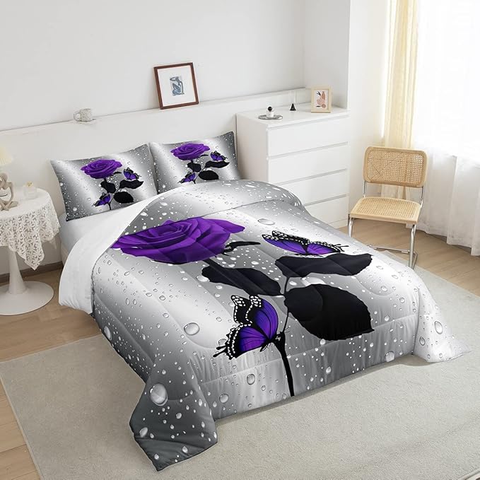 3D Rose Comforter Set Rose Floral Print Bedding Set Romantic Flowers Comforter for Kids Boys Girls Children Teens Bedroom Decor Purple Rose Butterfly Duvet Set King Size Quilt Set With 2 Pillow Case - LeafyLoom