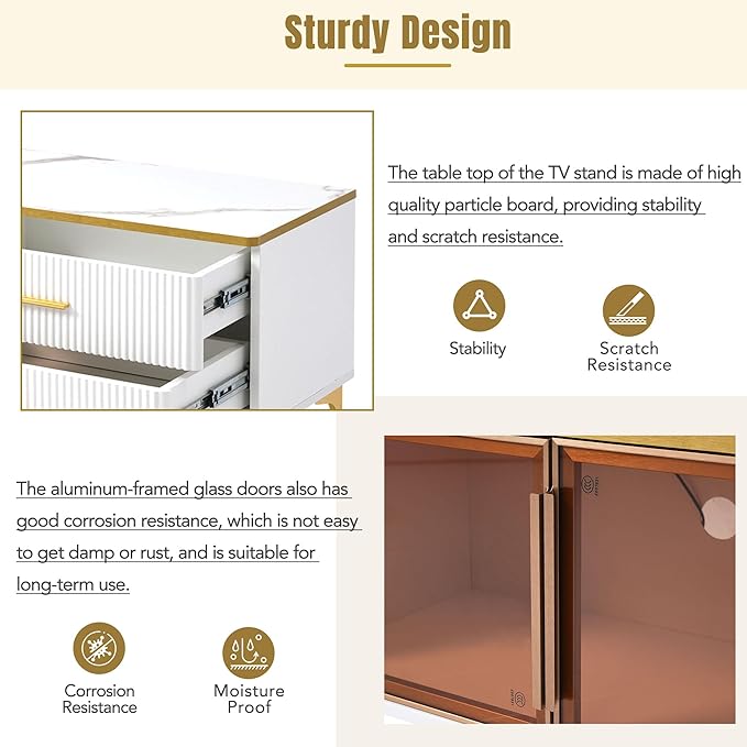 Merax Stylish LED TV Stand for Televisions Up to 78'', Entertainment Center with Brown Glass Storage Cabinet, Marble-veined Table Top, Golden Legs & Handles for Living Room, White - LeafyLoom