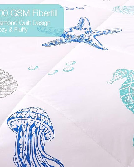 JSD 3 Piece Queen Beach Theme Kids Comforter Set, Jellyfish Starfish Shell Printed Comforter with Pillow Sham, Soft Comfortable Machine Washable - LeafyLoom