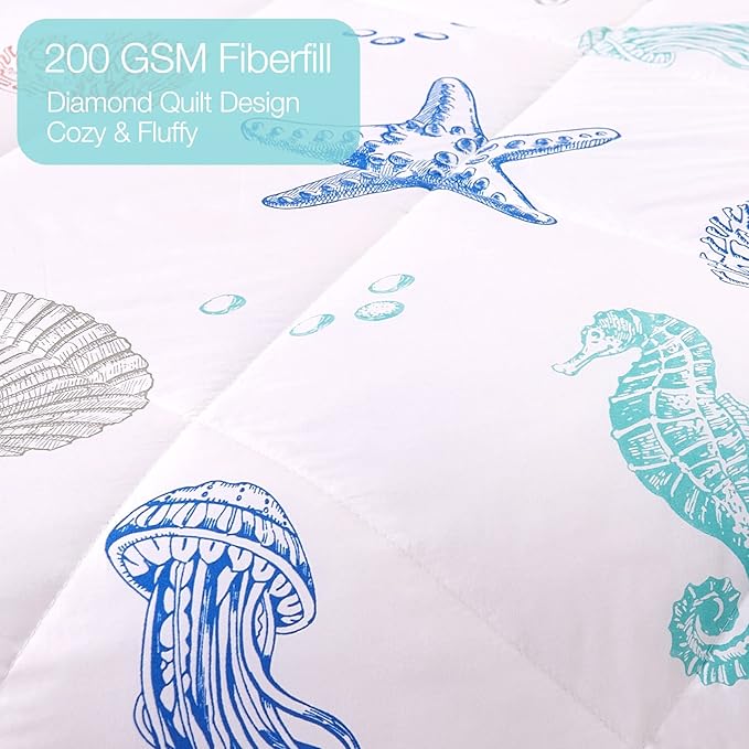 JSD Beach Theme 2 Piece Twin Kids Comforter Set, Jellyfish Starfish Shell Printed Comforter with Pillow Sham, Soft Comfortable Machine Washable - LeafyLoom