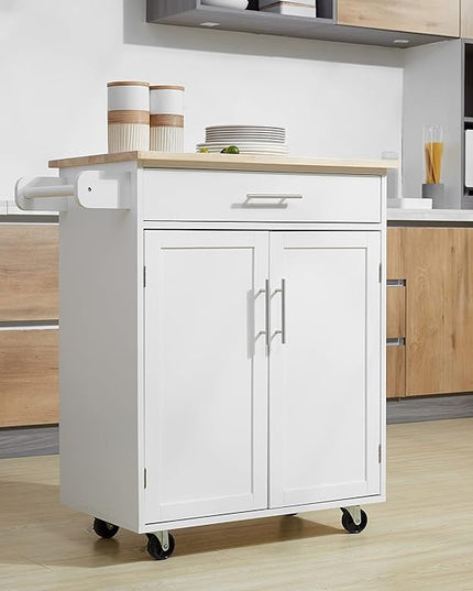 HOMCOM Kitchen Island Cart Rolling Trolley Cart with Drawer, Storage Cabinet & Towel Rack, White - LeafyLoom