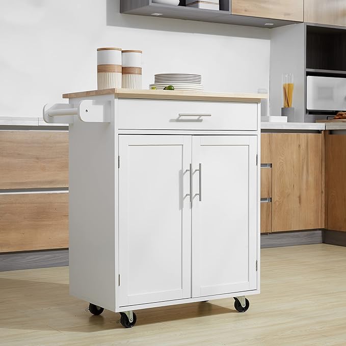 HOMCOM Kitchen Island Cart Rolling Trolley Cart with Drawer, Storage Cabinet & Towel Rack, White - LeafyLoom