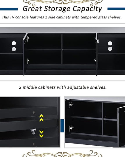 Merax Modern LED TV Stand with 2 Tempered Glass Shelves, High Gloss Entertainment Center for Televisions Up to 70”, Elegant Storage Cabinet with Color Changing Lights for Living Room, Black - LeafyLoom