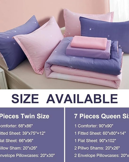 Dinjoy Girls Women Comforter Set King Size Ombre Pink Purple Rainbow Bedding Set 7 Pieces Bed in A Bag for Teen Adult (1 Comforter, 1 Flat Sheet, 1 Fitted Sheet, Pillow shams & Pillowcases) - LeafyLoom