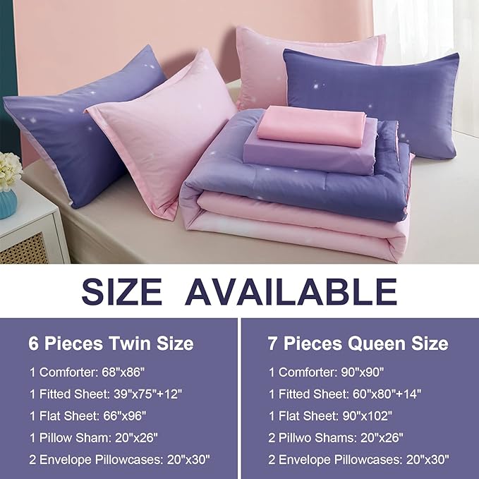 Girls Comforter Set Twin Size 6 Pieces Bed in A Bag Colorful Ombre Pink Purple Rainbow Bedding Set for Kids Teen (1 Comforter, 1 Flat Sheet, 1 Fitted Sheet, 1 Pillow sham, 2 Pillowcases) - LeafyLoom