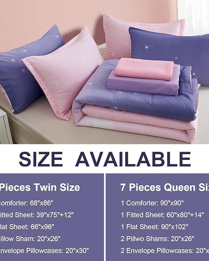 Girls Comforter Set Twin XL Size 6 Pieces Colorful Ombre Pink Purple Rainbow Bedding Set Bed in A Bag for Kids Teen Girls (1 Comforter, 1 Flat Sheet, 1 Fitted Sheet, 1 Pillow sham, 2 Pillowcases) - LeafyLoom