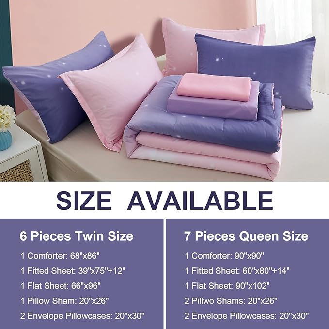 Girls Comforter Set Twin XL Size 6 Pieces Colorful Ombre Pink Purple Rainbow Bedding Set Bed in A Bag for Kids Teen Girls (1 Comforter, 1 Flat Sheet, 1 Fitted Sheet, 1 Pillow sham, 2 Pillowcases) - LeafyLoom