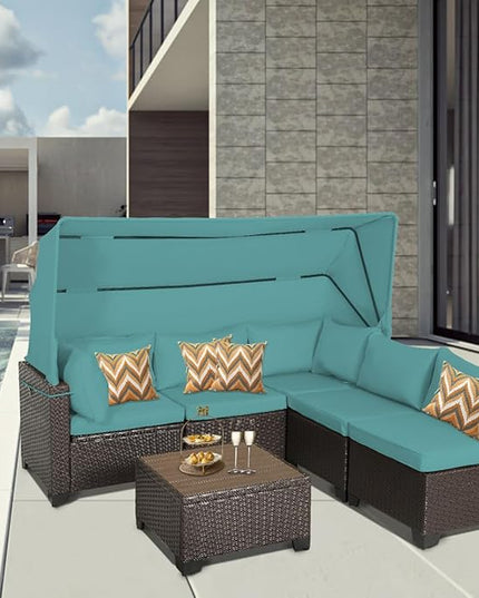 6 PCS Outdoor Patio Furniture Set,Sectional Sofa Set,Rattan Daybed with Retractable Canopy,Adjustable Backrest,Storage Coffee Table,Chaise Chair Sunbed for Garden Poolside Backyard(Walnut Green) - LeafyLoom