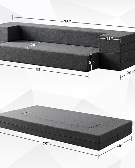 Convertible Folding Sofa - Modern Linen Fabric Coffee Table, Foldable Floor & Futon Couch, Space-Saving Chair with Pillow for Living Room/Dorm/Guest Room/Home Office/Apartment,Twin XL,Dark Gray - LeafyLoom