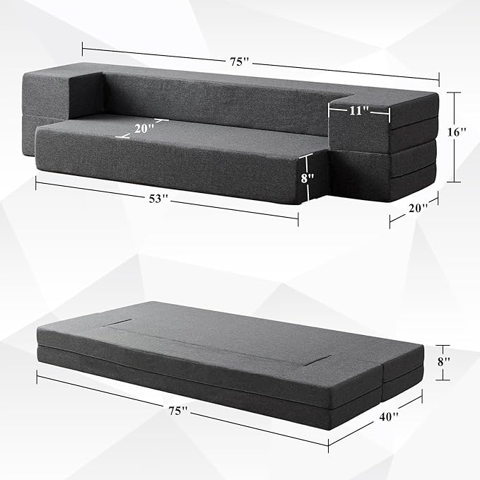 Convertible Folding Sofa - Modern Linen Fabric Coffee Table, Foldable Floor & Futon Couch, Space-Saving Chair with Pillow for Living Room/Dorm/Guest Room/Home Office/Apartment,Twin XL,Dark Gray - LeafyLoom