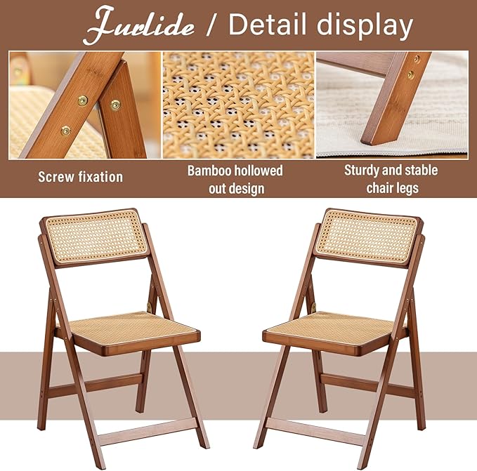 Rattan Folding Chair, Modern Mid Century Dining Chairs Set of 1, Comfy Outdoor Bamboo Chairs for Bedroom Living Room Reading Room Dining Kitchen, Walnut - LeafyLoom
