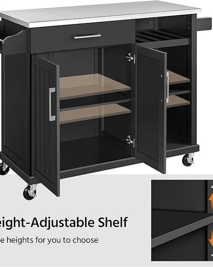Yaheetech Kitchen Island with Stainless Steel Top and Storage Cabinet, Kitchen Cart on Wheels with Drawer & Open Shelves & Wine Rack & Spice Rack, 18" D x 51" W x 36" H, Black - LeafyLoom