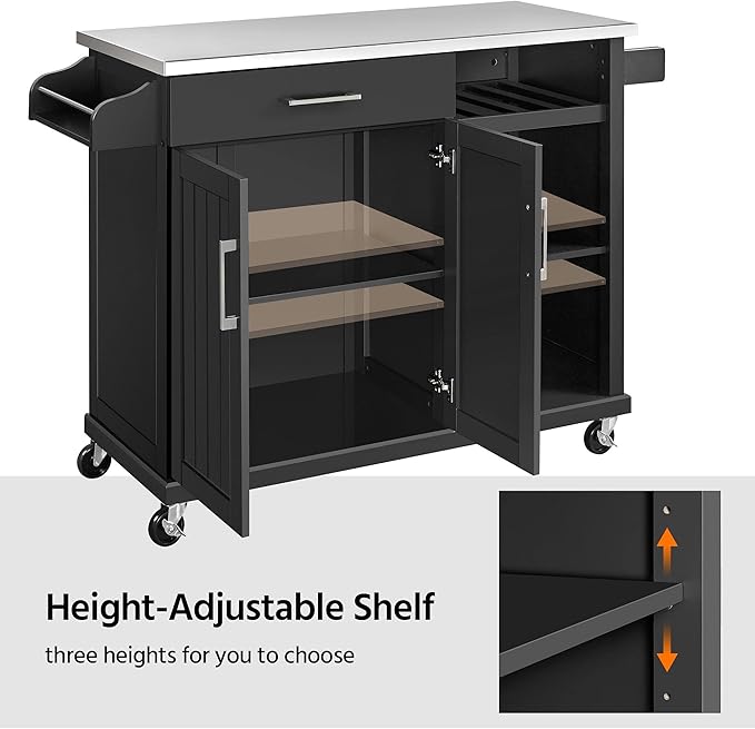 Yaheetech Kitchen Island with Stainless Steel Top and Storage Cabinet, Kitchen Cart on Wheels with Drawer & Open Shelves & Wine Rack & Spice Rack, 18" D x 51" W x 36" H, Black - LeafyLoom