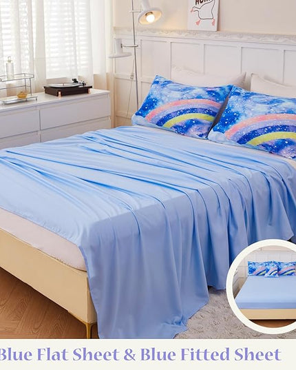 6Pcs Rainbow Bluey Girls Comforter Set Twin Gradient Glitter Bedding Sets Tie Dye Blue Girl Bed Set Soft Galaxy Kids Bed in A Bag with Sheets for All Season - LeafyLoom