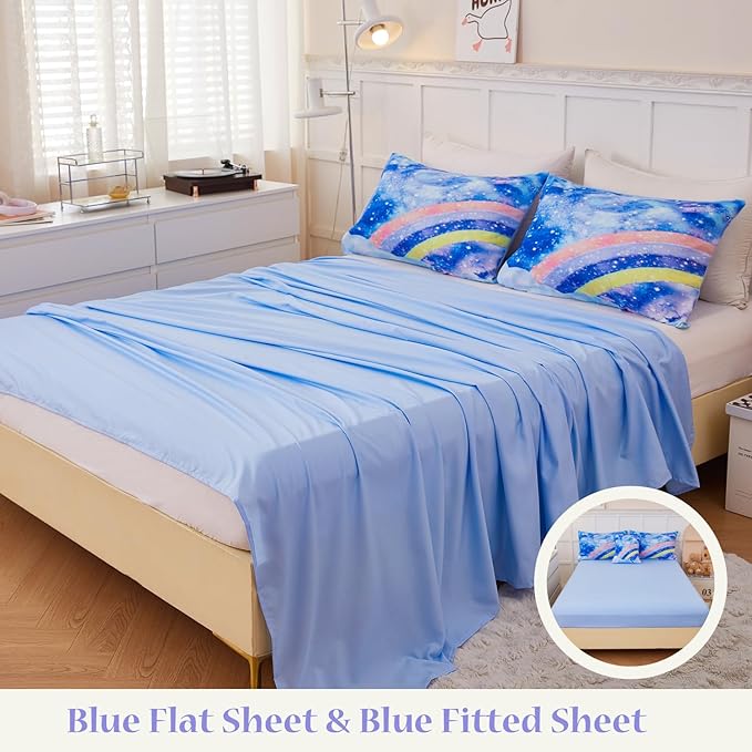 6Pcs Rainbow Bluey Girls Comforter Set Twin Gradient Glitter Bedding Sets Tie Dye Blue Girl Bed Set Soft Galaxy Kids Bed in A Bag with Sheets for All Season - LeafyLoom