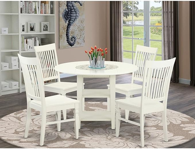 East West Furniture SUWE5-LWH-W 5 Piece Set Includes a Round Dining Room Table with Dropleaf & Shelves and 4 Kitchen Chairs, 42x42 Inch, Linen White - LeafyLoom